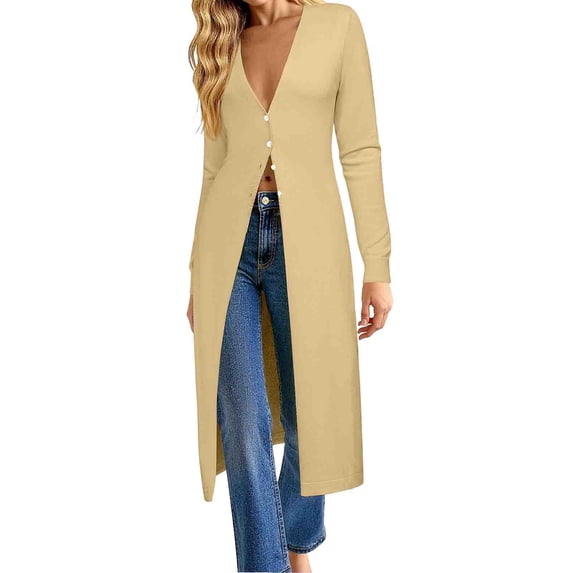 JUUNthy Long Cardigan for Women, Deep V Neck Long Sleeve Slim Fit Button Front Soft Knit Sweater Outerwear Beige L