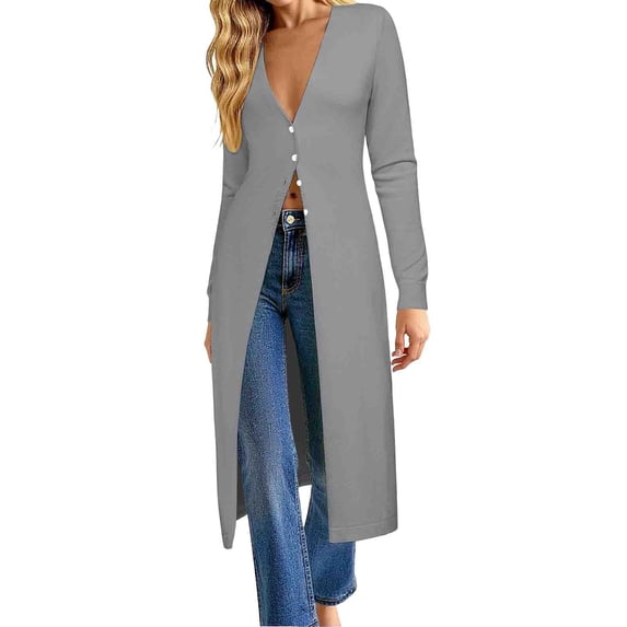 JUUNthy Long Cardigan for Women, Long Sleeve Slim Fit Deep V Neck Button Front Soft Knit Sweater Outerwear Dark Gray L