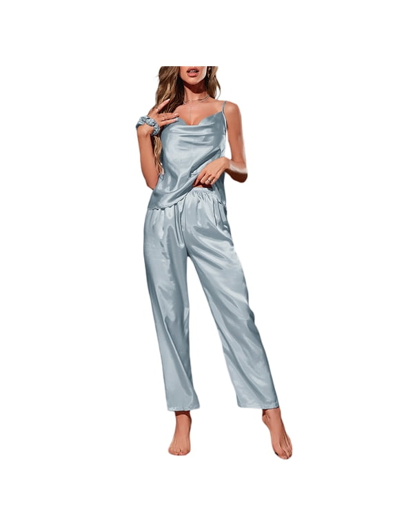 Silk Satins Pajamas Sets for Womens, V-Neck Cami Tops and Pants 2-Piece Soft Lightweight Sleepwear Blue M