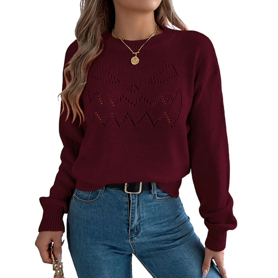 JUUNthy Sweater for Womens, Hollow Out Pattern Crewneck Long Sleeve 2026 Soft Comfort Knit Tops Burgundy S
