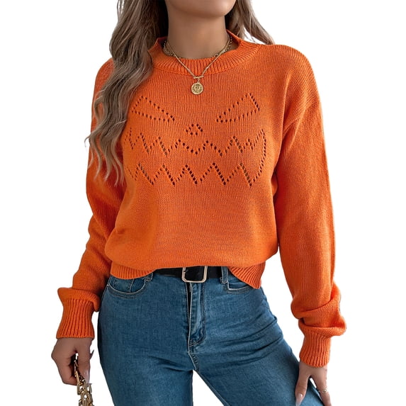 JUUNthy Sweater for Womens, Hollow Out Pattern Long Sleeve Crewneck 2026 Soft Comfort Knit Tops Orange S