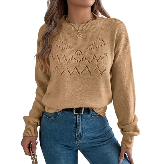 JUUNthy Sweater for Womens, Long Sleeve Crewneck Hollow Out Pattern 2026 Soft Comfort Knit Tops Khaki M