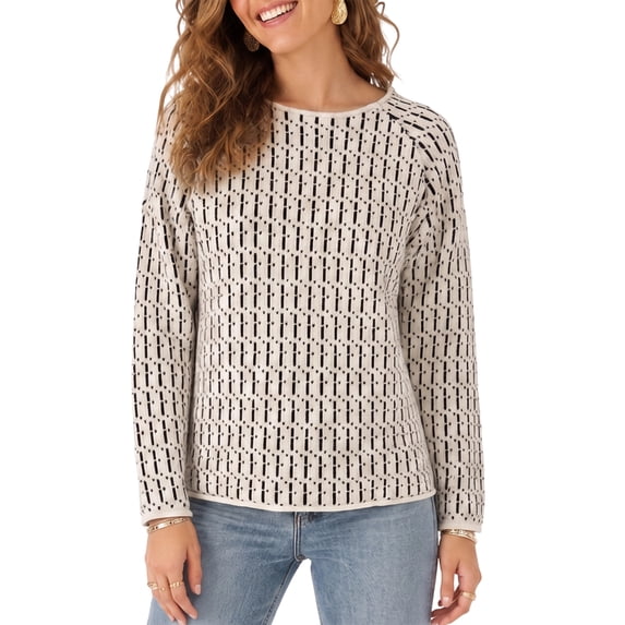 JUUNthy Sweater for Womens, Long Sleeve Crewneck Striped Knitted Fashion Fall Winter Clothes Tops Beige XL