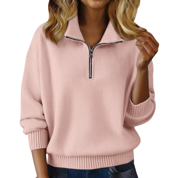 JUUNthy Sweater for Womens, Long Sleeve Warm Fashion Zipper Collared Pullover Ribbed Knitted Tops Pink M