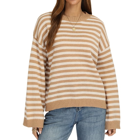 JUUNthy Sweater for Womens, Round Neck Long Sleeve Striped Pullover Loose Casual Knitted Tops Khaki XL