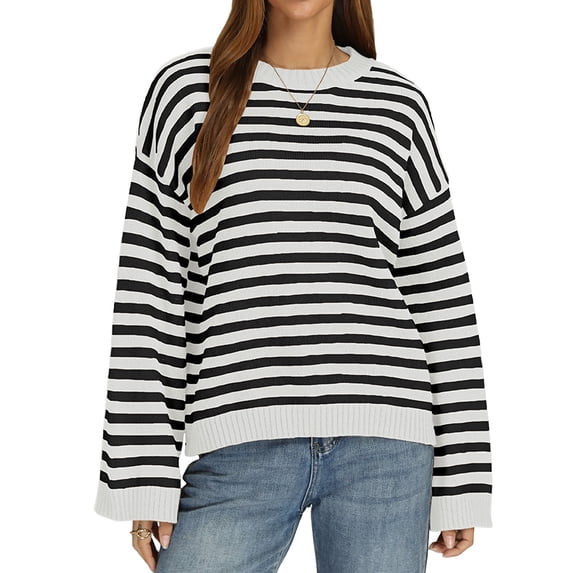 JUUNthy Sweater for Womens, Round Neck Striped Pullover Long Sleeve Loose Casual Knitted Tops Black M
