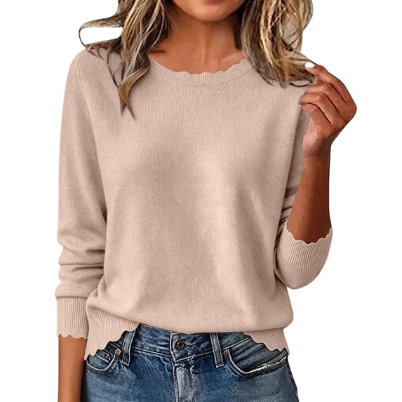 JUUNthy Sweater for Womens, Ruffles Hem Long Sleeve Crewneck Soft Lightweight Pullover Kint Tops for Daily Wear Beige L