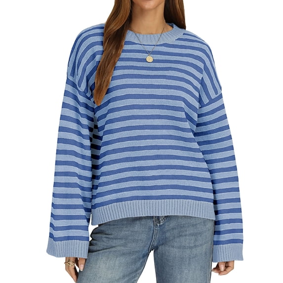 JUUNthy Sweater for Womens, Striped Pullover Long Sleeve Round Neck Loose Casual Knitted Tops Sky Blue XL