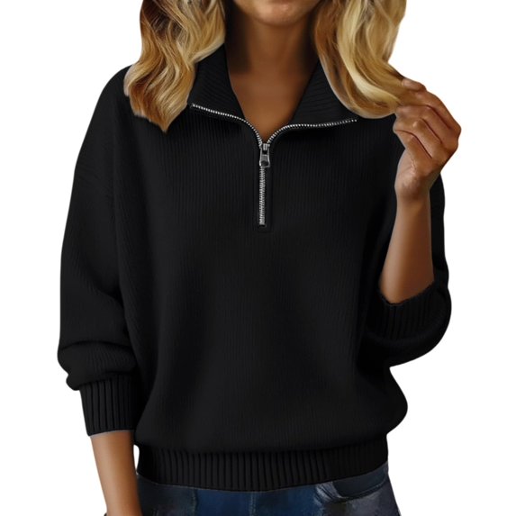 JUUNthy Sweater for Womens, Zipper Collared Warm Fashion Long Sleeve Pullover Ribbed Knitted Tops Black L