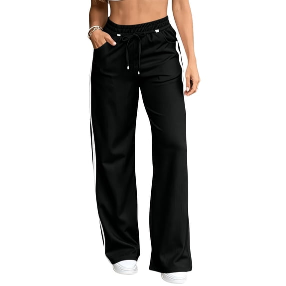 JUUNthy Sweatpants for Womens, Active Fit Elastic Waist Side Stripe Casual Daily Workout Trousers with Pockets Black XS