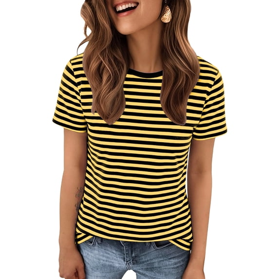 JUUNthy T-Shirt for Womens, Crewneck Stripe Graphic Short Sleeve 2026 Casual Summer Tops Yellow S