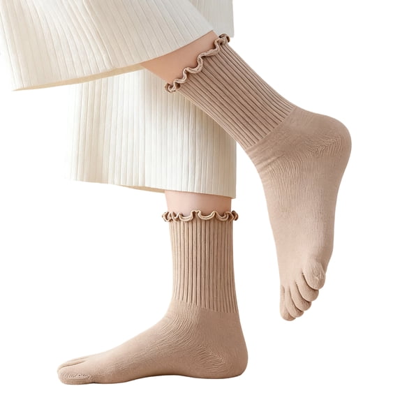 JUUNthy Toe Socks for Womens, Breathable Ruffles Mid Cut Stretch Comfort Casual Five Finger Crew Socks Khaki