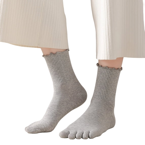 JUUNthy Toe Socks for Womens, Breathable Stretch Comfort Ruffles Mid Cut Casual Five Finger Crew Socks Gray
