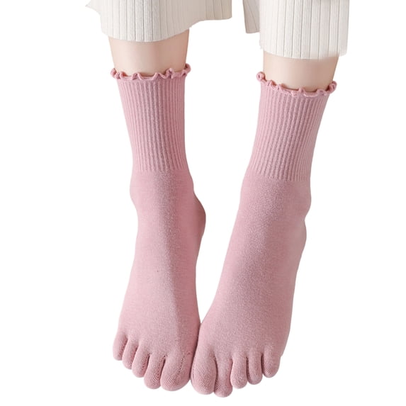 JUUNthy Toe Socks for Womens, Stretch Comfort Breathable Ruffles Mid Cut Casual Five Finger Crew Socks Pink