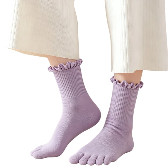 JUUNthy Toe Socks for Womens, Stretch Comfort Ruffles Mid Cut Breathable Casual Five Finger Crew Socks Purple