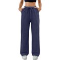 thumbnail image 1 of JUUNthy Wide Leg Pants for Womens, Drawstring Loose Fit Lightweight Casual Lounge Trousers with Pockets Dark Blue L, 1 of 15
