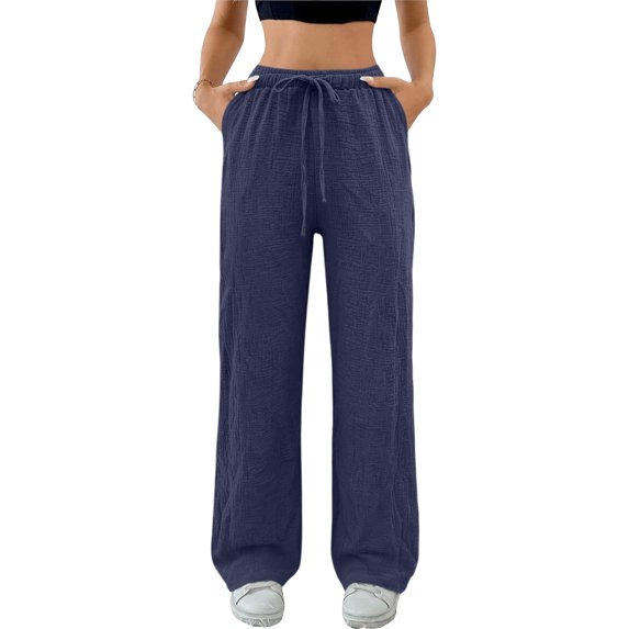 JUUNthy Wide Leg Pants for Womens, Drawstring Loose Fit Lightweight Casual Lounge Trousers with Pockets Dark Blue L