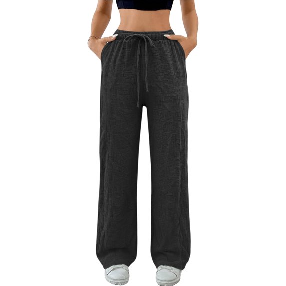JUUNthy Wide Leg Pants for Womens, Loose Fit Lightweight Drawstring Casual Lounge Trousers with Pockets Black L