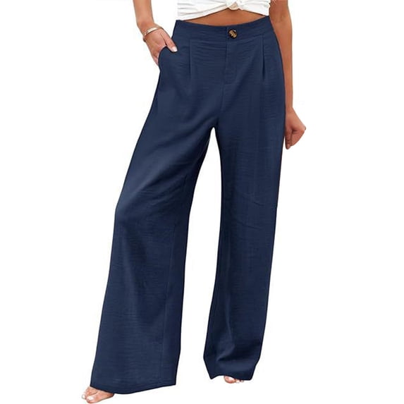 JUUNthy Wide Leg Pants for Womens, with Pockets Lightweight High Rise Pull On Vacation Casual Palazzo Trousers Navy Blue XL