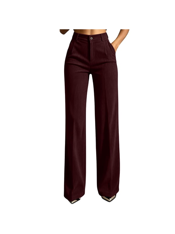 Women Corduroy Dress Pants, Button High Rise Wide Leg Flat Front Classic Fit Office Business Pants with Pockets Burgundy M