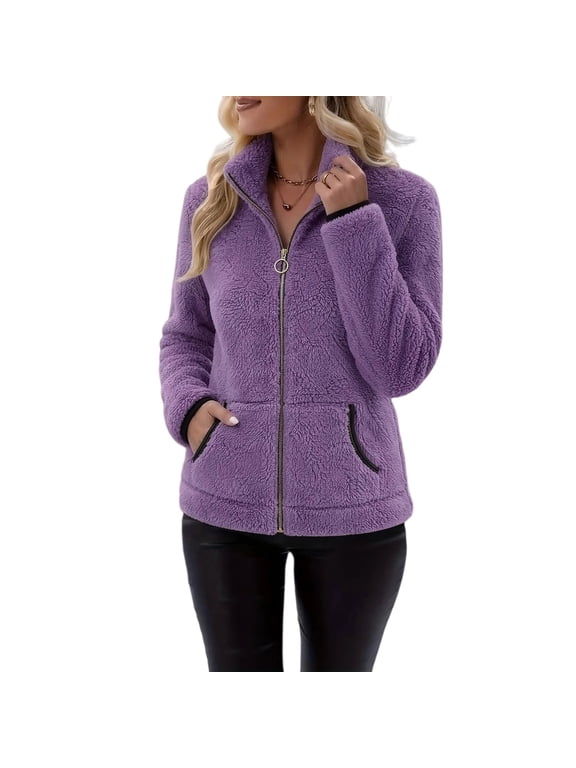 Women Fleece Jacket, Soft Fuzzy Stand Collar Zip Up Winter Warm Outerwear Coat with Pockets Deep Purple 2XL
