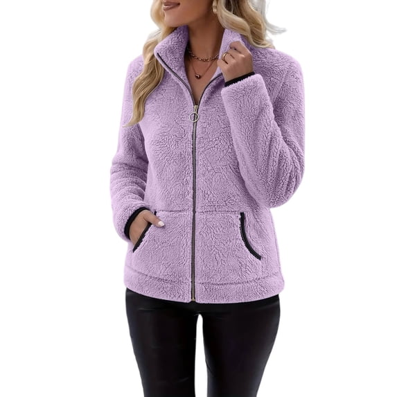 JUUNthy Women Fleece Jacket, Soft Fuzzy Stand Collar Zip Up Winter Warm Outerwear Coat with Pockets Purple 2XL