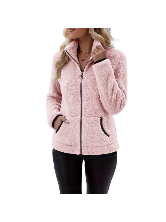 Women Fleece Jacket, Soft Fuzzy Zip Up Stand Collar Winter Warm Outerwear Coat with Pockets Pink M