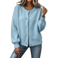 thumbnail image 1 of JUUNthy Women Fuzzy Cardigan, Crew Neck Button Down Puff Long Sleeve Fleece Knit Fall Winter Warm Sweater Outerwear Sky Blue XL, 1 of 15