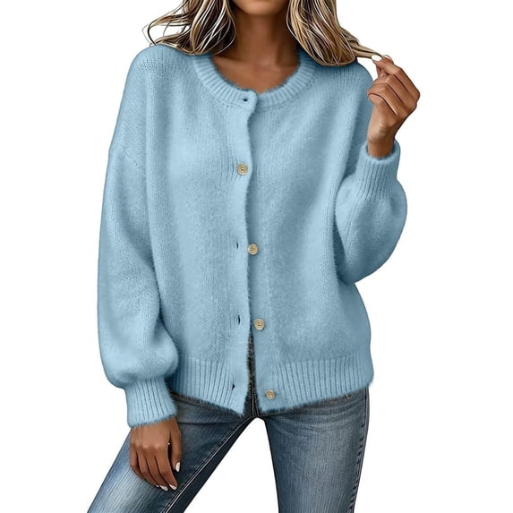 JUUNthy Women Fuzzy Cardigan, Crew Neck Button Down Puff Long Sleeve Fleece Knit Fall Winter Warm Sweater Outerwear Sky Blue XL