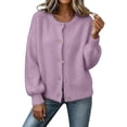 thumbnail image 1 of JUUNthy Women Fuzzy Cardigan, Fleece Knit Crew Neck Button Down Puff Long Sleeve Fall Winter Warm Sweater Outerwear Purple S, 1 of 15