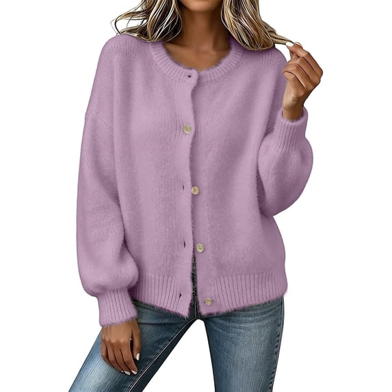 JUUNthy Women Fuzzy Cardigan, Fleece Knit Crew Neck Button Down Puff Long Sleeve Fall Winter Warm Sweater Outerwear Purple S