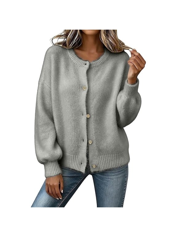 Women Fuzzy Cardigan, Puff Long Sleeve Crew Neck Button Down Fleece Knit Fall Winter Warm Sweater Outerwear Gray M