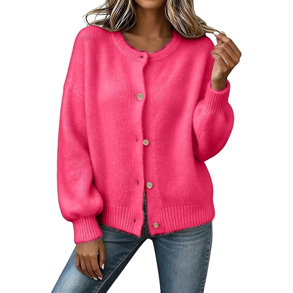 JUUNthy Women Fuzzy Cardigan, Puff Long Sleeve Crew Neck Button Down Fleece Knit Fall Winter Warm Sweater Outerwear Red M