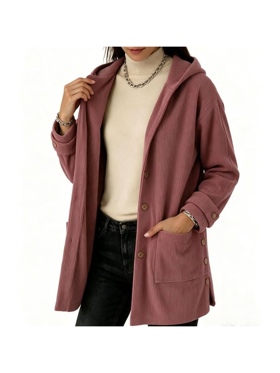 Women Hooded Jackets, Button Front Mid-Length Long Sleeve Casual Corduroy Outerwear with Pockets Pink M