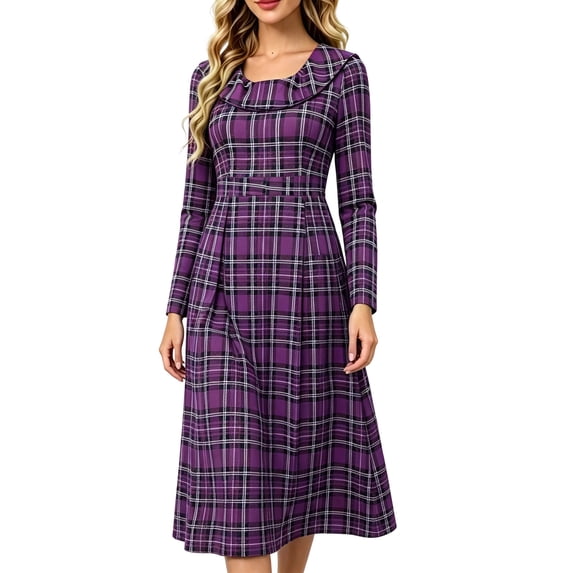 JUUNthy Women Plaid Midi Dress, Long Sleeve High Waist Pleated A-Line Ruffle Collar Vintage Casual Flowy Dress Purple L