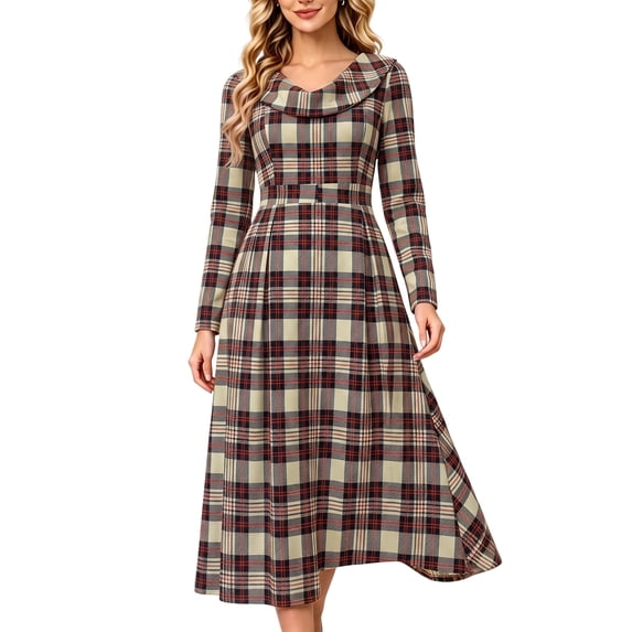 JUUNthy Women Plaid Midi Dress, Ruffle Collar High Waist Pleated A-Line Long Sleeve Vintage Casual Flowy Dress Beige S