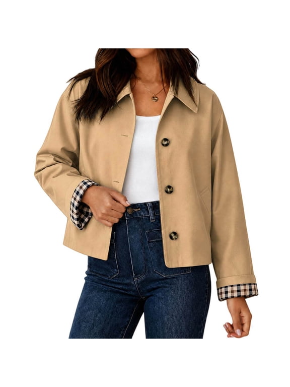 Women's Cropped Trench Jacket, Button Front Lapel Collar Plaid Lined Casual Fashion Outer Coat Light Khaki M