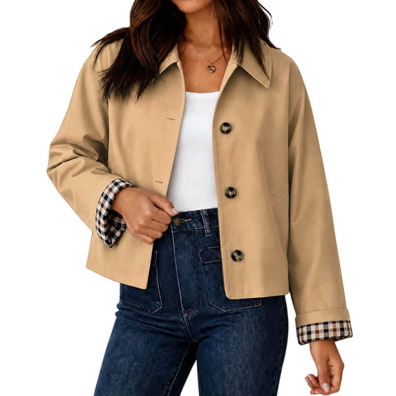 JUUNthy Women's Cropped Trench Jacket, Button Front Plaid Lined Lapel Collar Casual Fashion Outer Coat Light Khaki XL