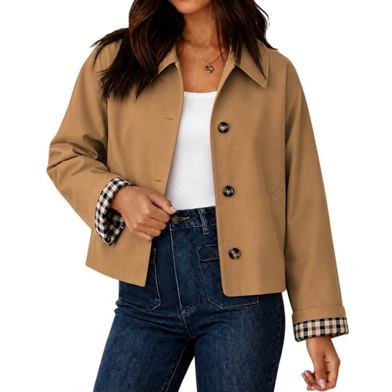 JUUNthy Women's Cropped Trench Jacket, Lapel Collar Button Front Plaid Lined Casual Fashion Outer Coat Khaki S