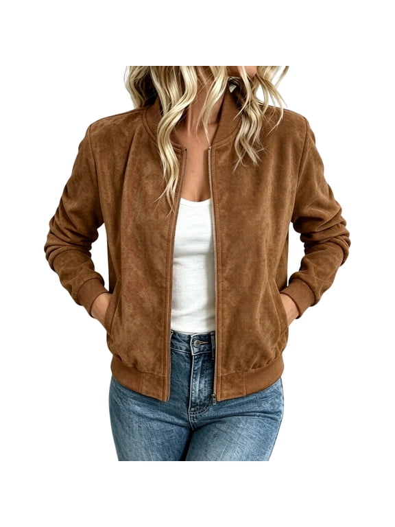 Women's Faux Suede Bomber Jacket, Stand Collar Full Zipper Long Sleeve Rib Cuff Casual Coat with Pockets Coffee XL
