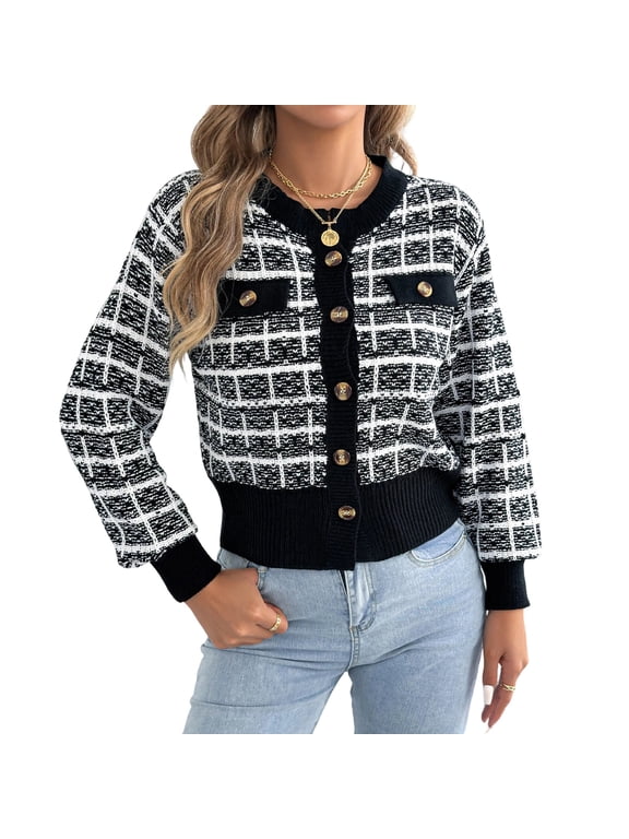Women's Plaid Cardigan, Button Front Casual Fashion Long Sleeve Fall Winter Cropped Knit Sweater Outerwear Black S