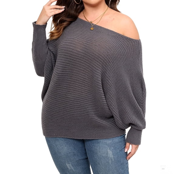 JUUNthy Women's Plus Size Sweater, Long Sleeve Soft Ribbed Knit Off‑Shoulder Fall Winter Fashion Pullover Tops Gray 2XL