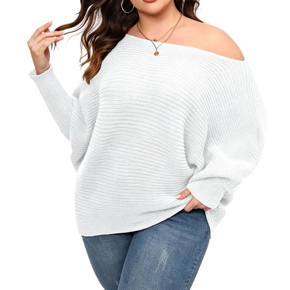 JUUNthy Women's Plus Size Sweater, Long Sleeve Soft Ribbed Knit Off‑Shoulder Fall Winter Fashion Pullover Tops White L