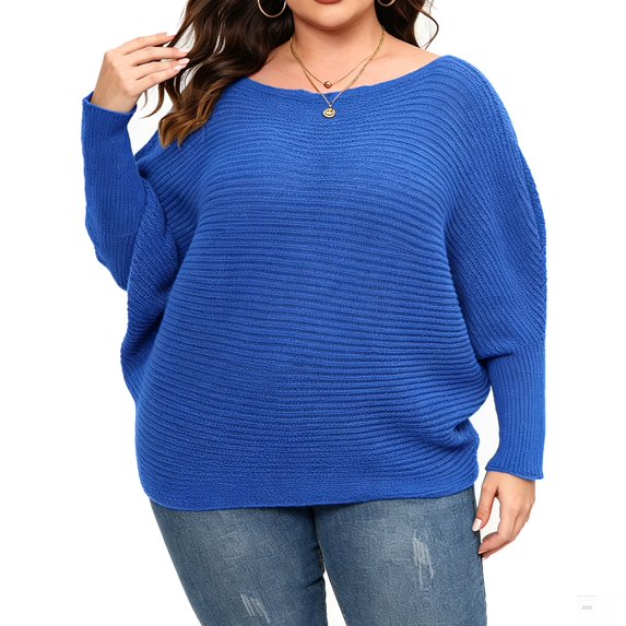 JUUNthy Women's Plus Size Sweater, Off‑Shoulder Long Sleeve Soft Ribbed Knit Fall Winter Fashion Pullover Tops Blue XL