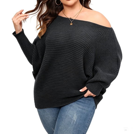 JUUNthy Women's Plus Size Sweater, Soft Ribbed Knit Off‑Shoulder Long Sleeve Fall Winter Fashion Pullover Tops Black L
