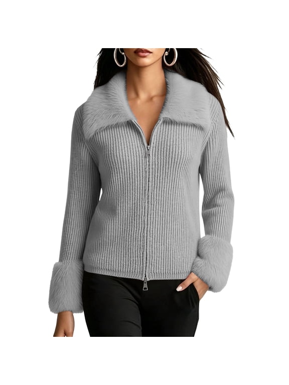 Women's Ribbed Knit Jacket, Slim Fit Stretch Faux Fur Collar & Cuff Zip Up Fashion Sweater Outerwear Gray L