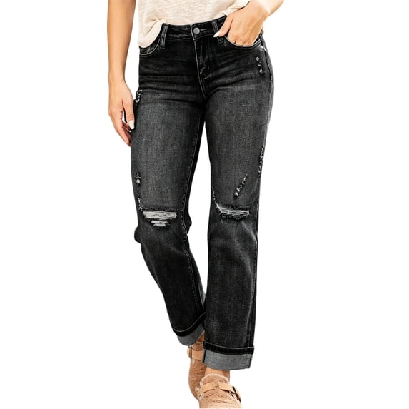 JUUNthy Women's Ripped Jeans, High Waist Roll‑Up Hem Straight Leg Casual Denim Pants with Pockets Black S