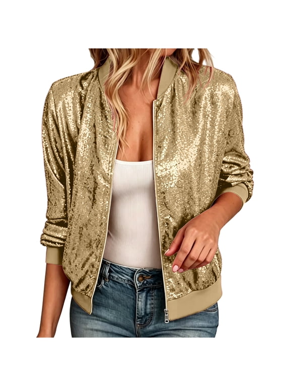 Women's Sequin Bomber Jacket, Long Sleeve Stand Collar Zip Up Glitter Fashion Party Outerwear Gold L