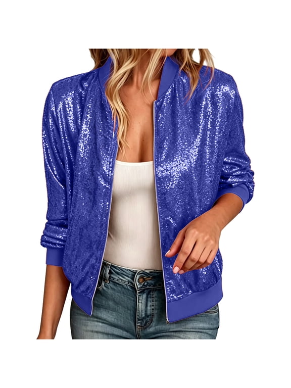 Women's Sequin Bomber Jacket, Long Sleeve Zip Up Stand Collar Glitter Fashion Party Outerwear Blue M