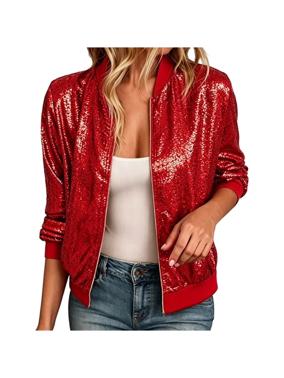Women's Sequin Bomber Jacket, Long Sleeve Zip Up Stand Collar Glitter Fashion Party Outerwear Red L
